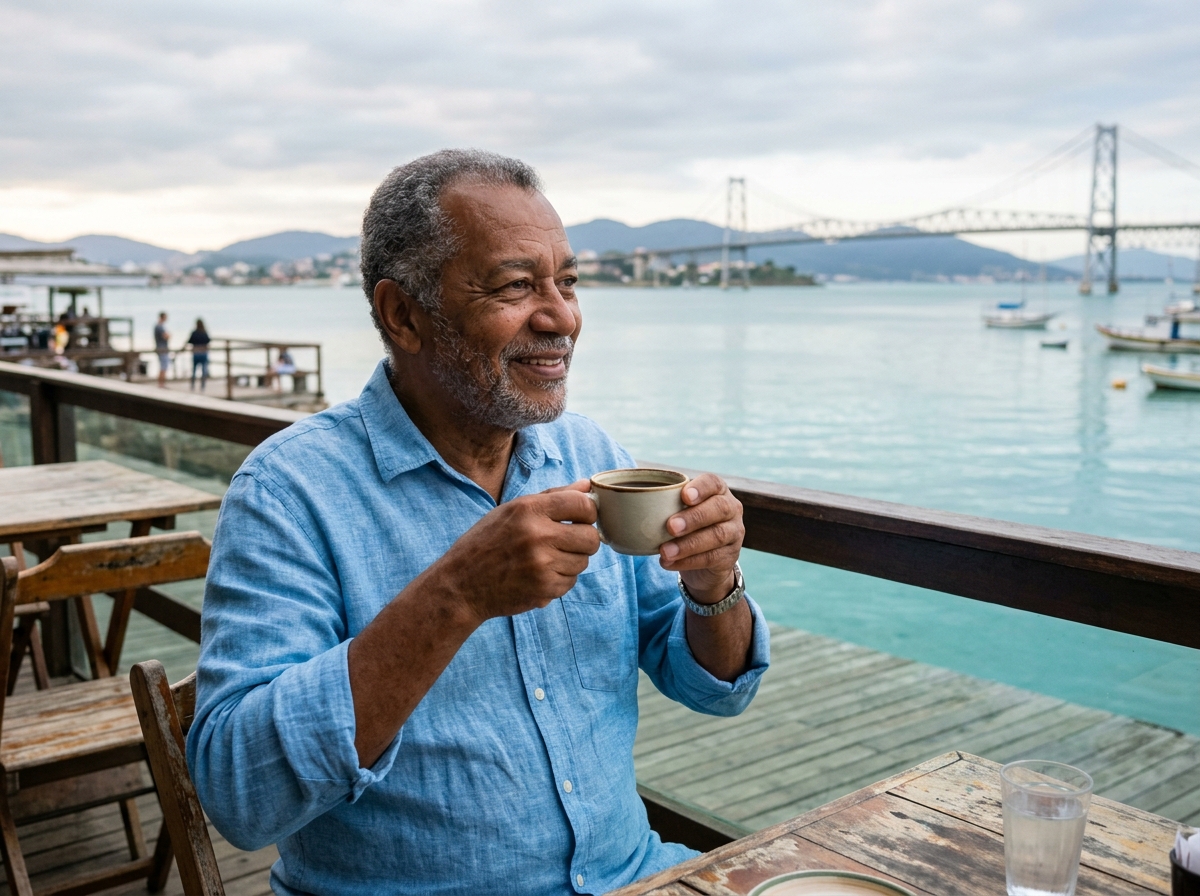 Pessoa idosa aproveitando café à beira-mar com vista para a ponte Hercílio Luz em Florianópolis